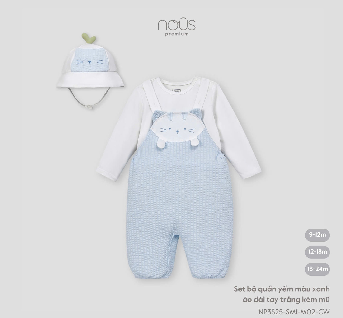 Blue Overalls Set with White Long Sleeve Shirt and Hat – Cat Design