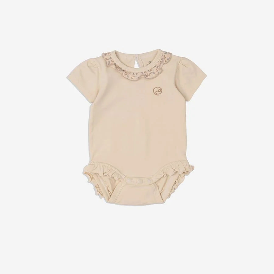Ruffle Collar Beige Baby Bodysuit – Short Sleeve