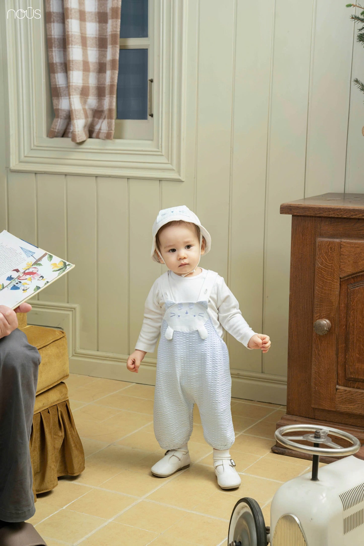 Blue Overalls Set with White Long Sleeve Shirt and Hat – Cat Design