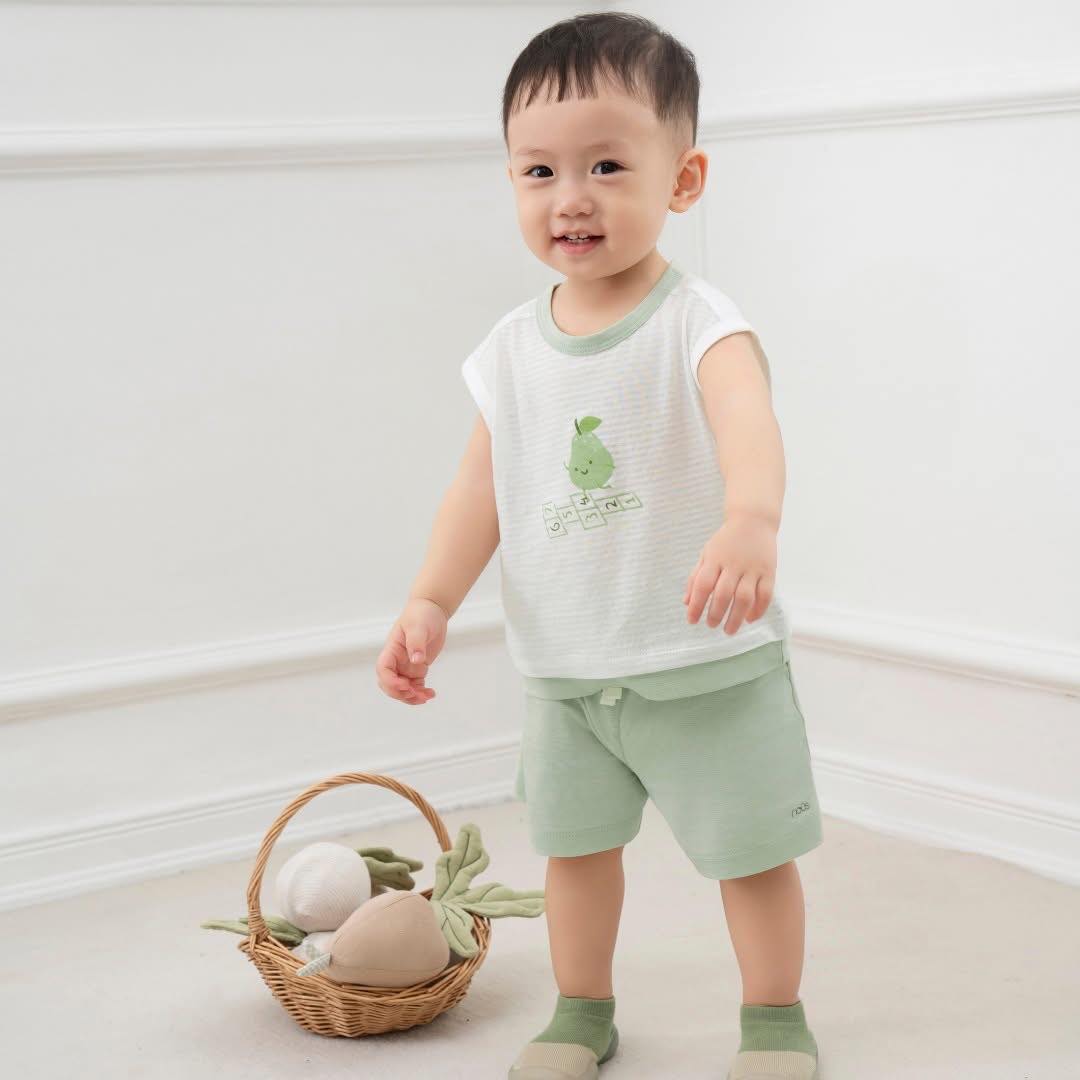 White Sleeveless Baby Set with Green Shorts – Nous Airy Cotton