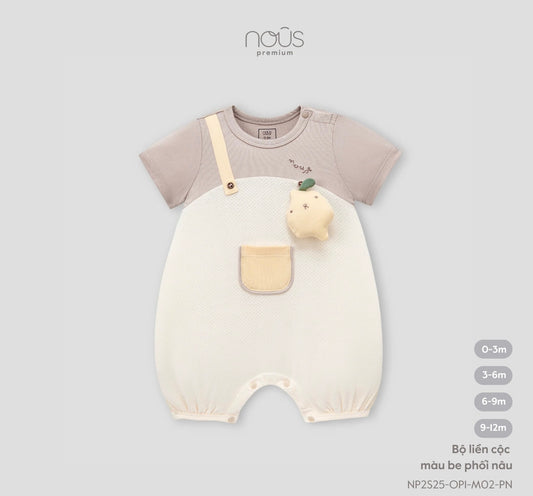 Nous Premium - Beige & Brown Short Sleeve Baby Romper with Pocket and Plush Toy