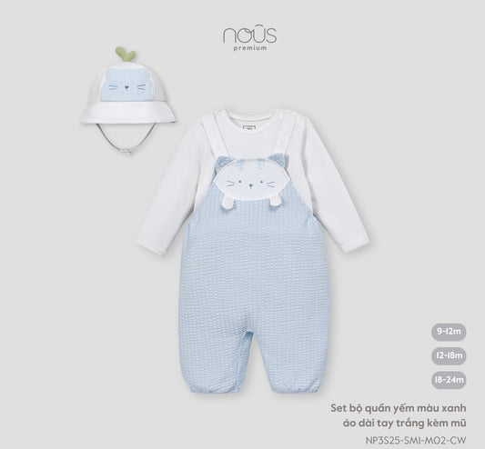 Blue Overalls Set with White Long Sleeve Shirt and Hat – Cat Design
